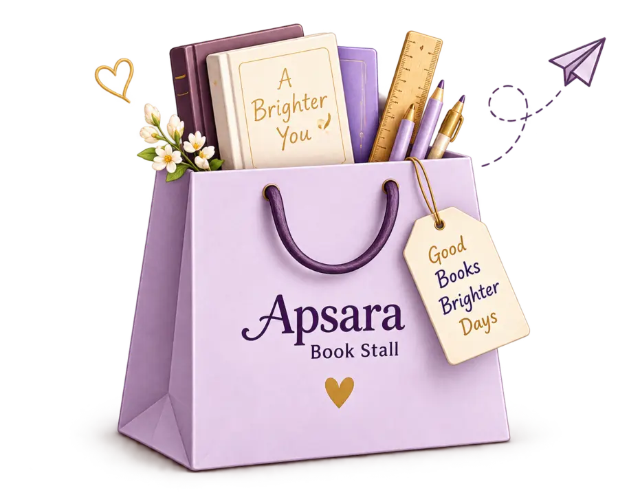 A lavender Apsara Book Stall bag filled with books, a notebook, pens, a pencil and a ruler.