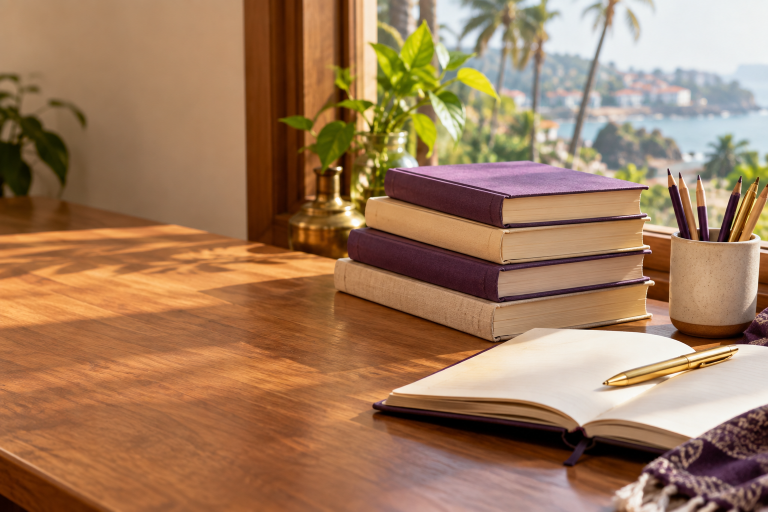 Books and stationery beside a sunlit window