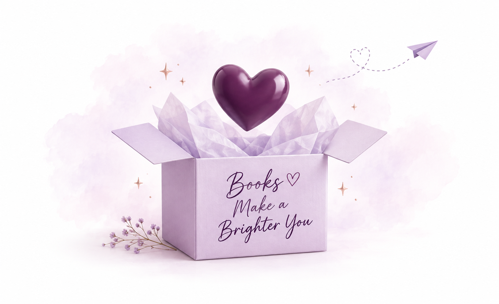 A lavender keepsake box with a plum heart